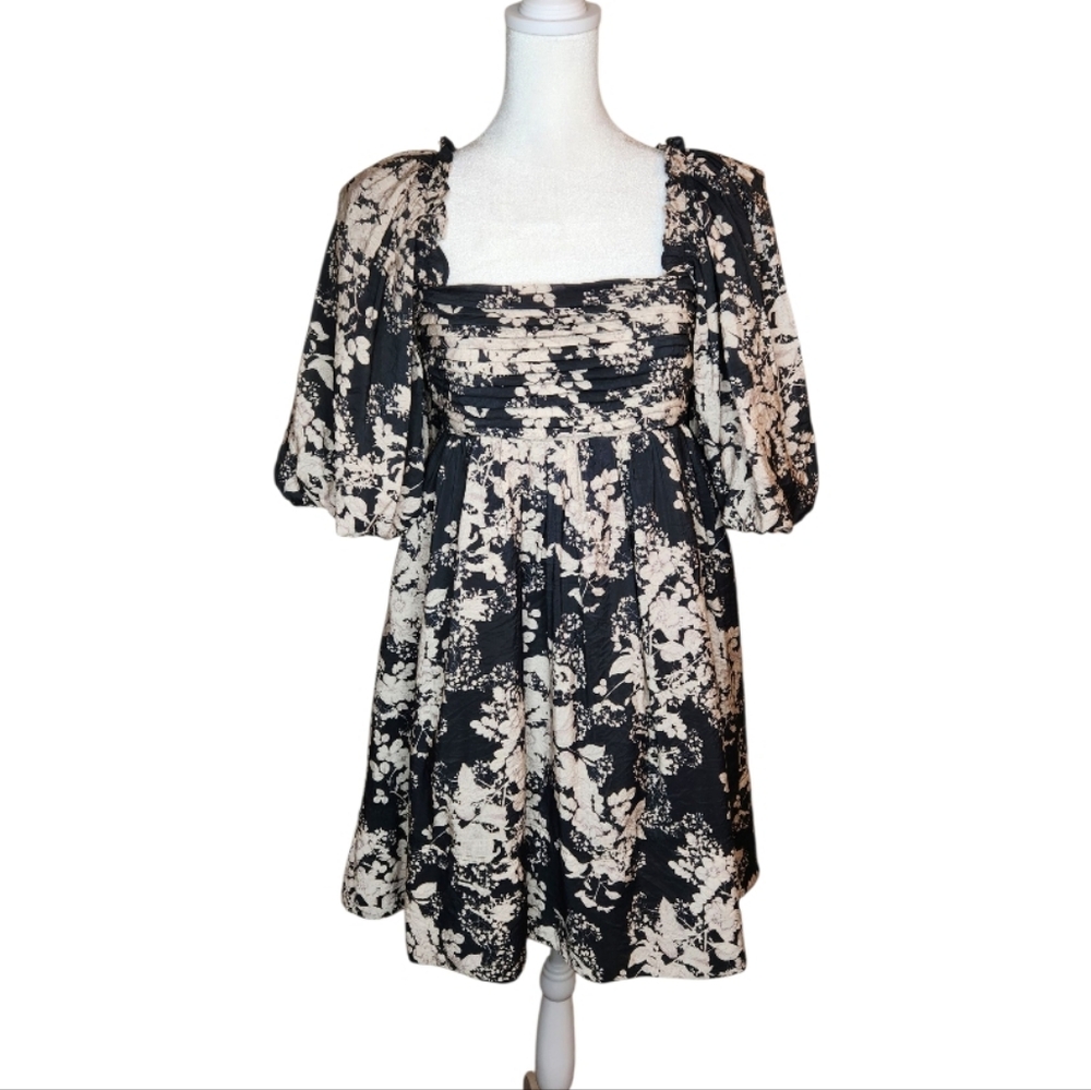 NEW Sofie The Label Black and Cream Floral Tie Back Puff Sleeve Babydoll Dress